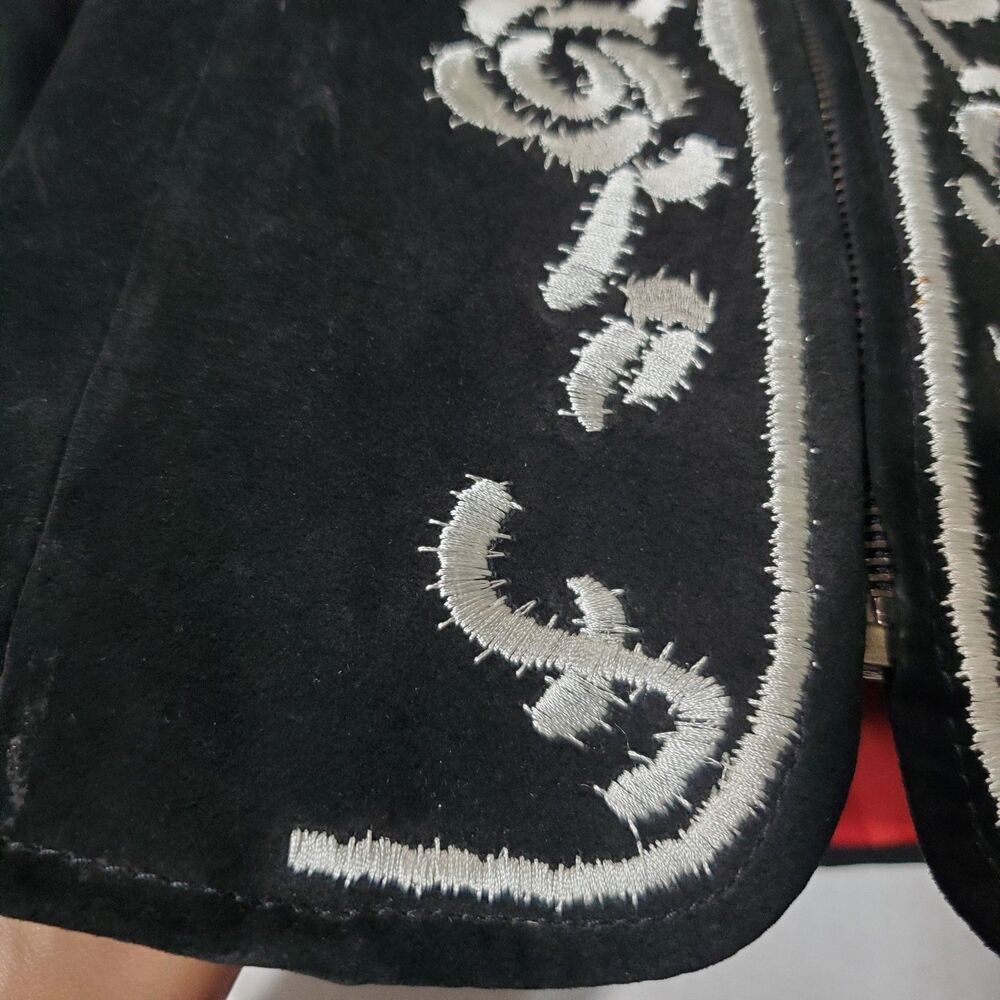 Vintage Suede Leather Black / White Floral Embroidered Zip Jacket , Size 12 - Picture 10 of 16